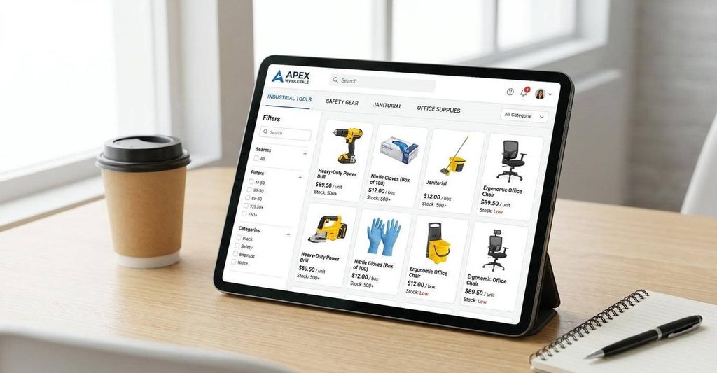Catálogo E-Commerce Organizado para Distribuidora Comercial Catálogo de productos organizado en una pantalla digital de una distribuidora comercial con categorías, precios y control de inventario.