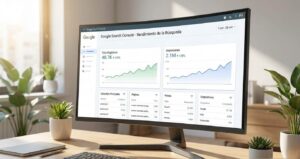 Captura de pantalla conceptual de un panel de métricas SEO con gráficos en curva ascendente mostrando el incremento de clics orgánicos y mejores posiciones en los resultados de búsqueda.
