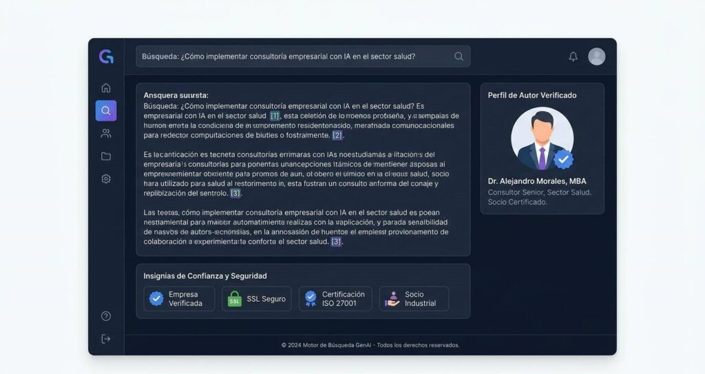 Respuesta de IA Generativa con Autor Certificado e Insignias de Confianza E-E-A-T Captura de pantalla simulada de un motor de búsqueda generativo que cita el perfil de un autor certificado con insignia de verificación y muestra sellos de confianza de una empresa.