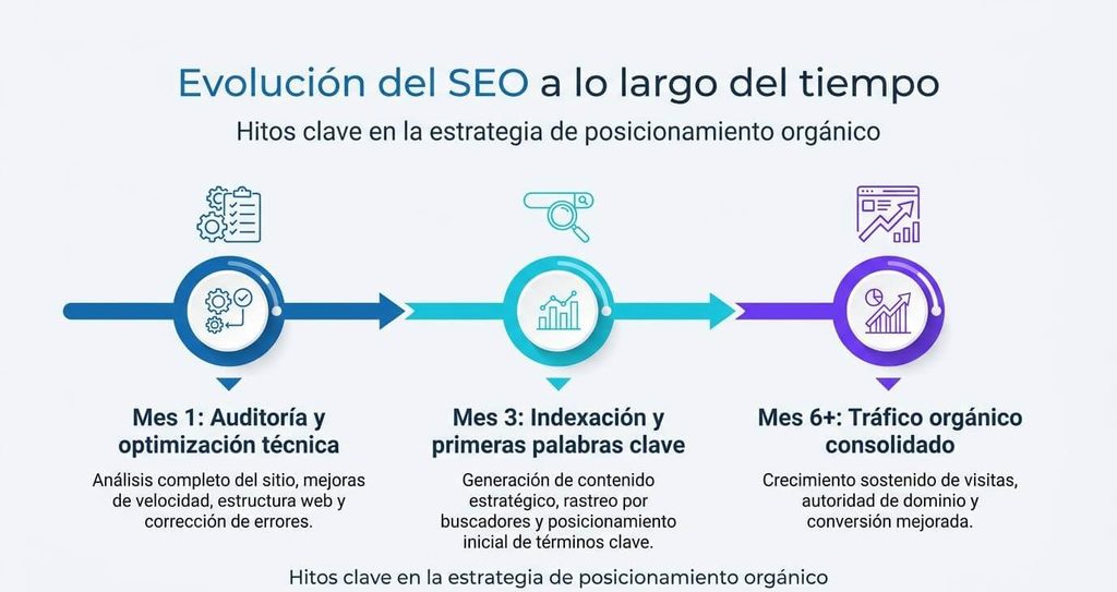 Línea Temporal de las Etapas del SEO Mes a Mes Gráfico de línea temporal que ilustra las etapas del SEO mes a mes: Mes 1 (Auditoría y optimización técnica), Mes 3 (Indexación y primeras palabras clave) y Mes 6+ (Tráfico orgánico consolidado).