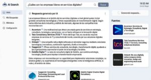 Captura de pantalla simulada de una interfaz de búsqueda por IA estilo Perplexity o ChatGPT citando fuentes web con números y mostrando tarjetas de enlaces a páginas corporativas.