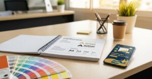 Fotografía de un manual de identidad corporativa y paleta de colores sobre una mesa de trabajo junto a un teléfono inteligente que muestra una campaña publicitaria.
