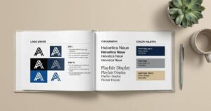Fotografía en plano cenital (flatlay) de un manual de identidad corporativa abierto sobre un escritorio neutro, mostrando guías de uso del logotipo, tipografías y muestras de color Pantone con códigos hex.