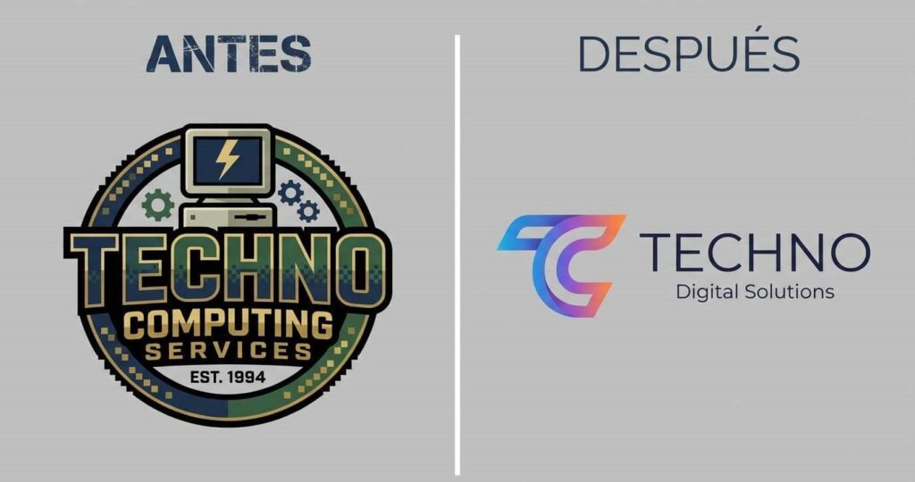 Comparativa Antes y Después de un Rebranding Comparativa visual de un logotipo en formato antes y después, mostrando una versión antigua con trazos pesados frente a una versión modernizada mediante rebranding.