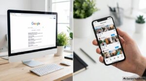 Vista dividida que muestra una búsqueda en Google en español en pantalla de computadora frente a una interfaz de red social en español en un teléfono inteligente.