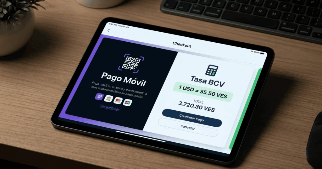 Integración de Pasarelas de Pago Locales con Pago Móvil y Tasa BCV Tablet sobre un escritorio mostrando la pantalla de checkout de una tienda online con la opción de Pago Móvil por código QR y conversión automática a la tasa del BCV.